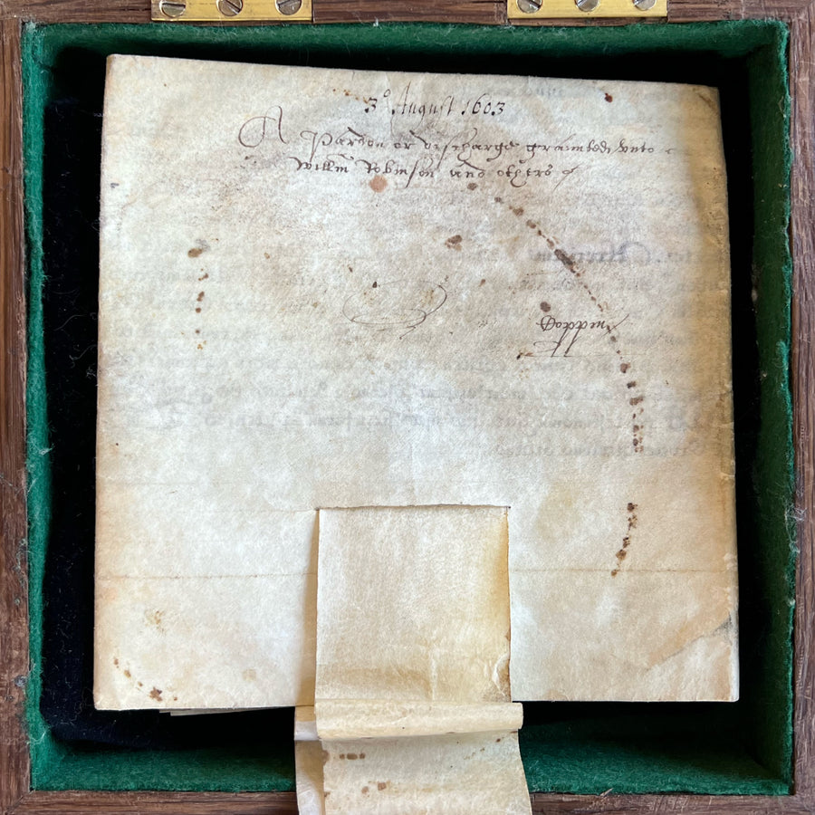 1603 King James 1 Great Seal with attached vellum document confirming Elizabeth 1 pardon.